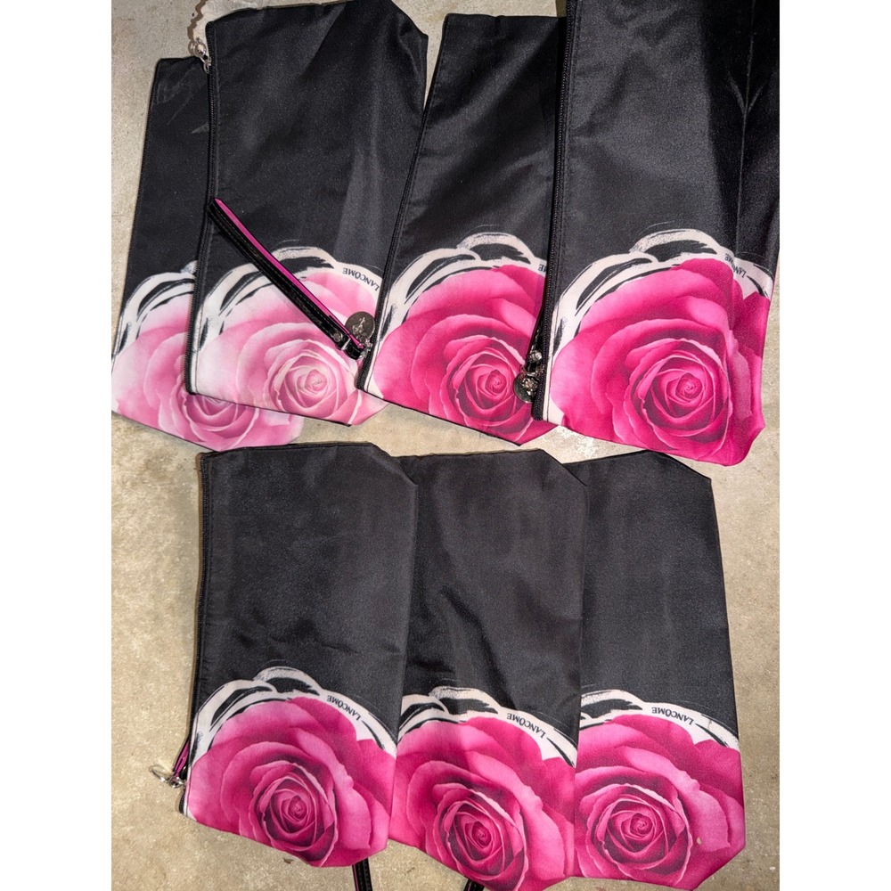 Lancome Makeup Bag Lot 7 Piece Pink Rose Floral Black Zipper Pouch Cosmetic Case